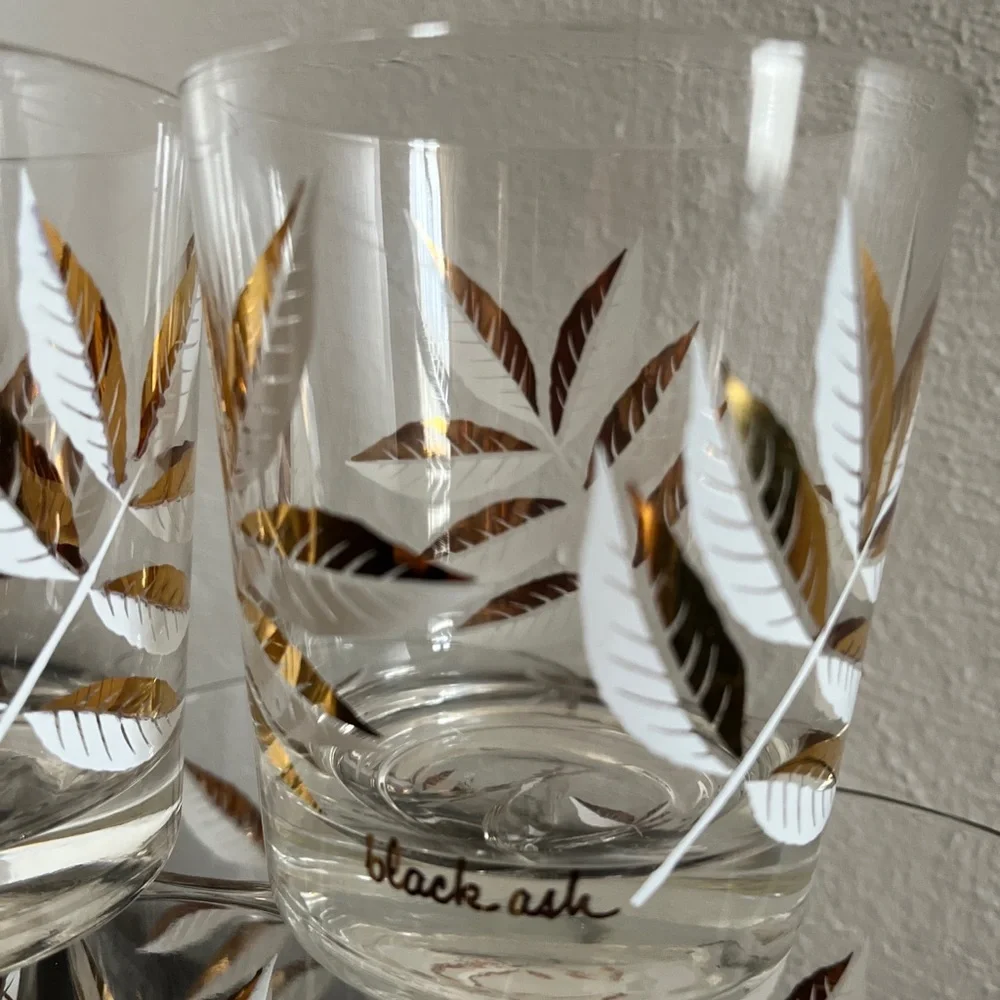 Vintage Black Ash old fashioned set of six clear gold/white cocktail glasses
